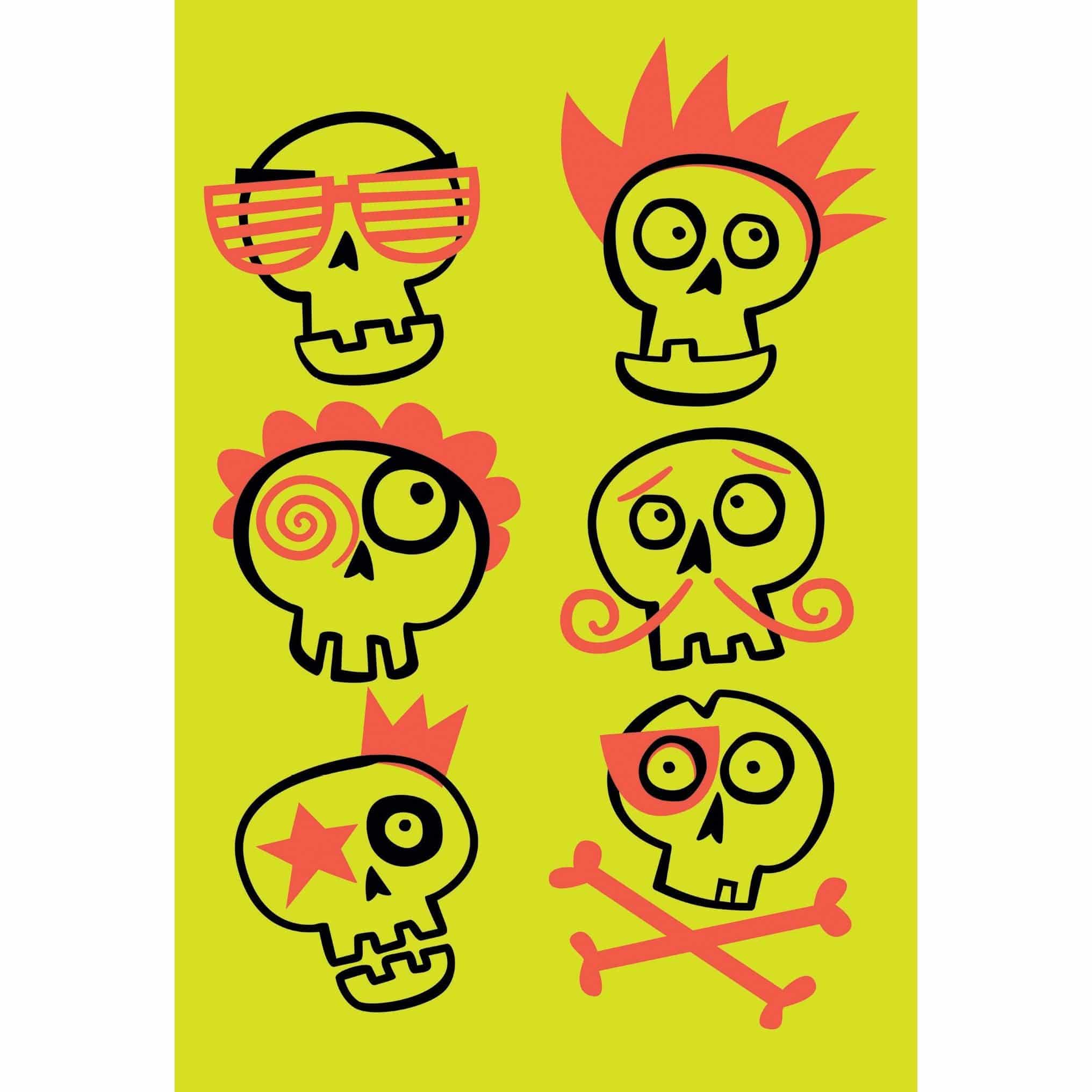 Pictura punk skulls Halloween card featuring spooky skull illustrations on a dark background, perfect for Halloween greeting.